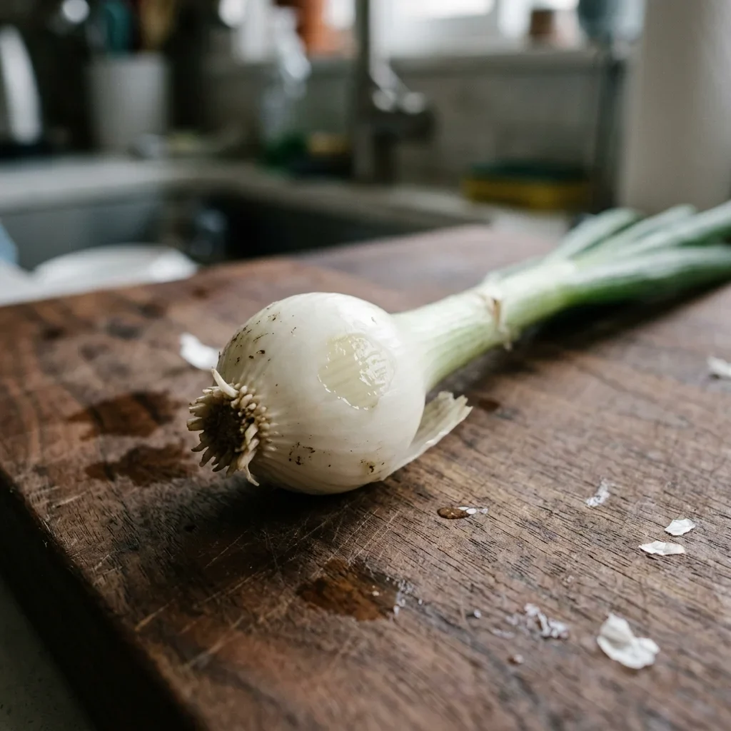The white end of one green onion with a small translucent wet patch on its outer layer.