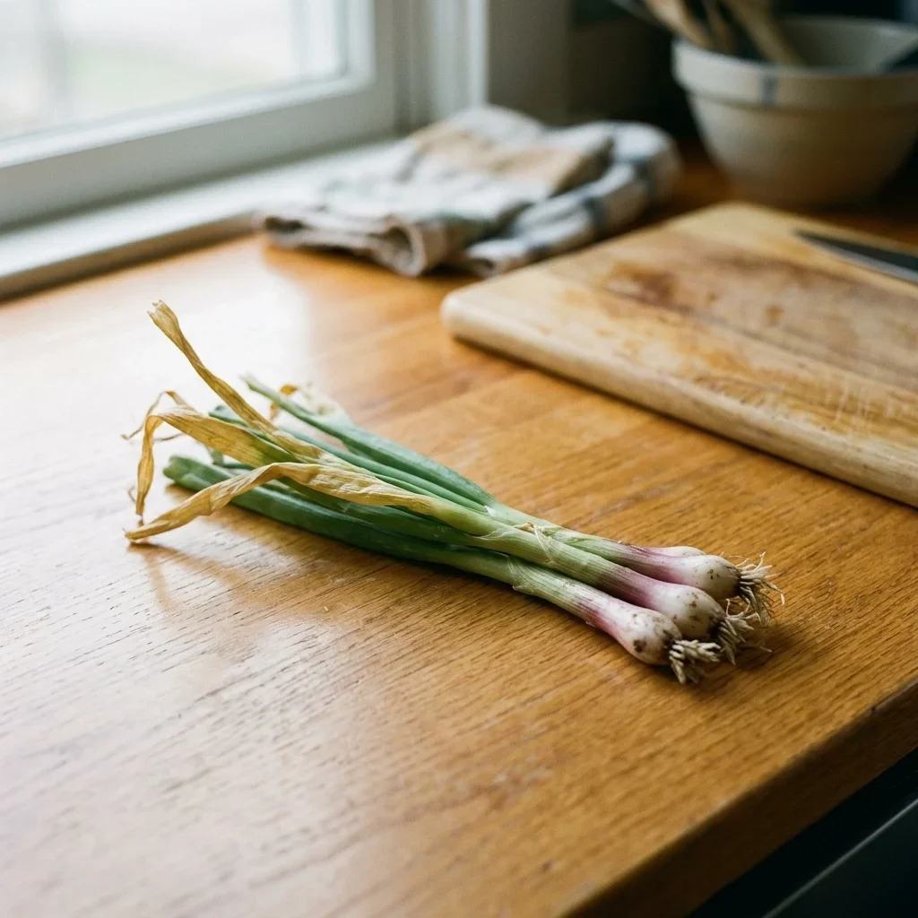 Green onions whose top inch has turned pale yellow while the rest of the stalk is still green.