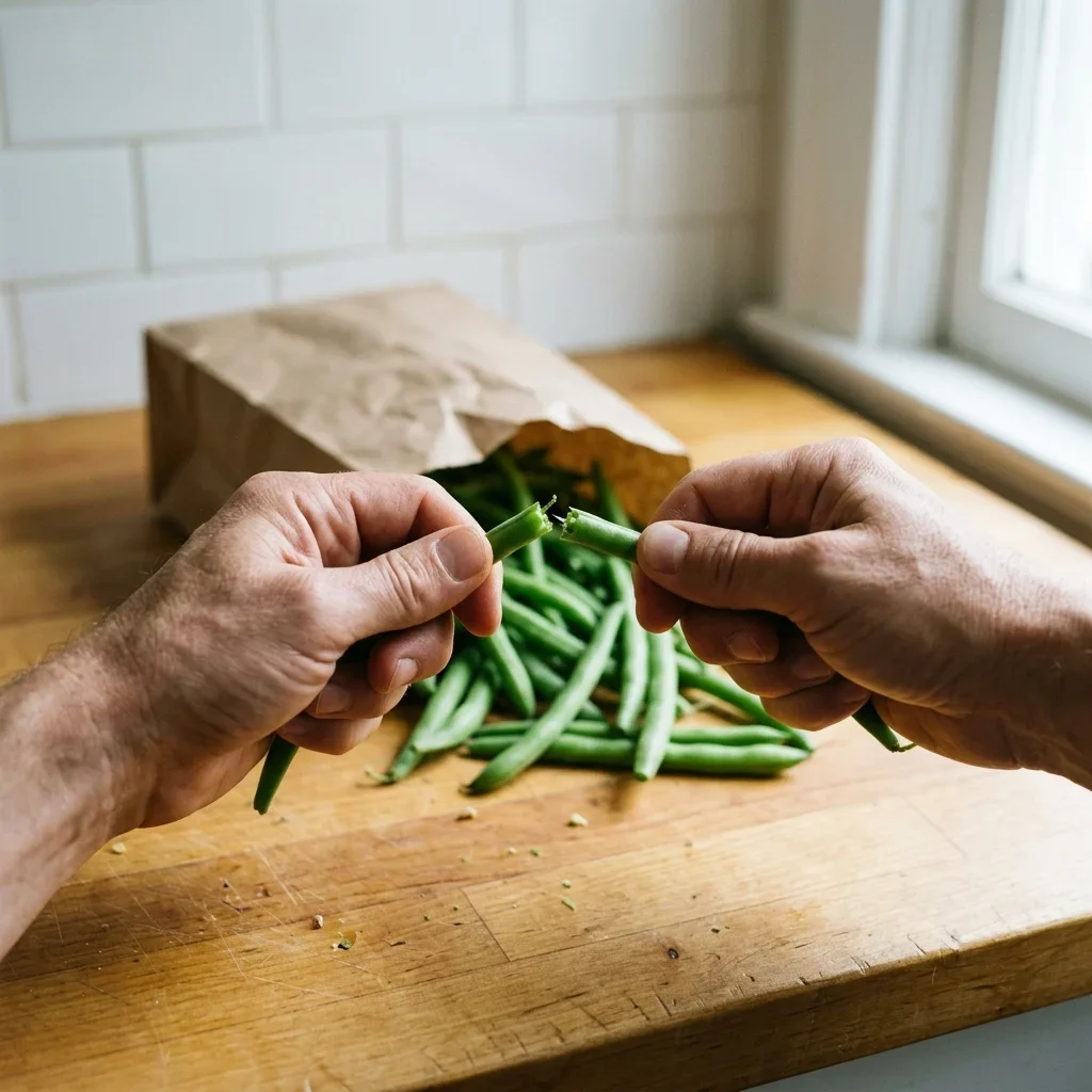 Two hands breaking a fresh green bean in half with a clean square break over a counter of loose beans