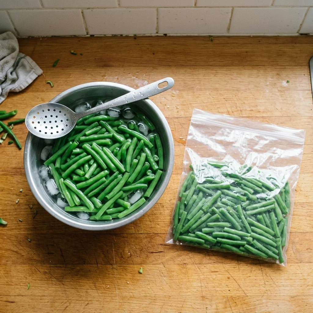 Blanched green beans cooling in a bowl of ice water beside a plain freezer bag of cut beans packed flat