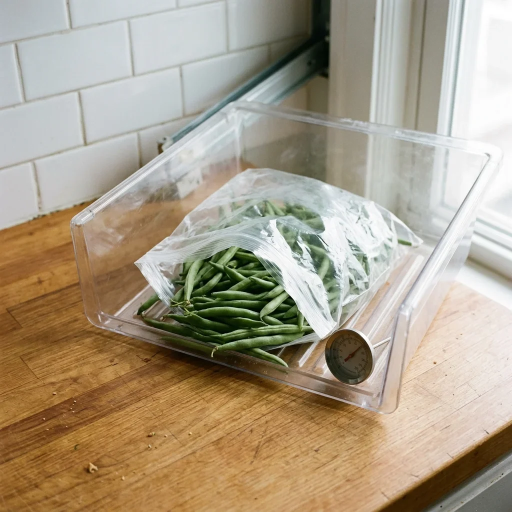 How to store green beans: a plain bag of unwashed green beans sitting in an open fridge crisper drawer beside a small thermometer