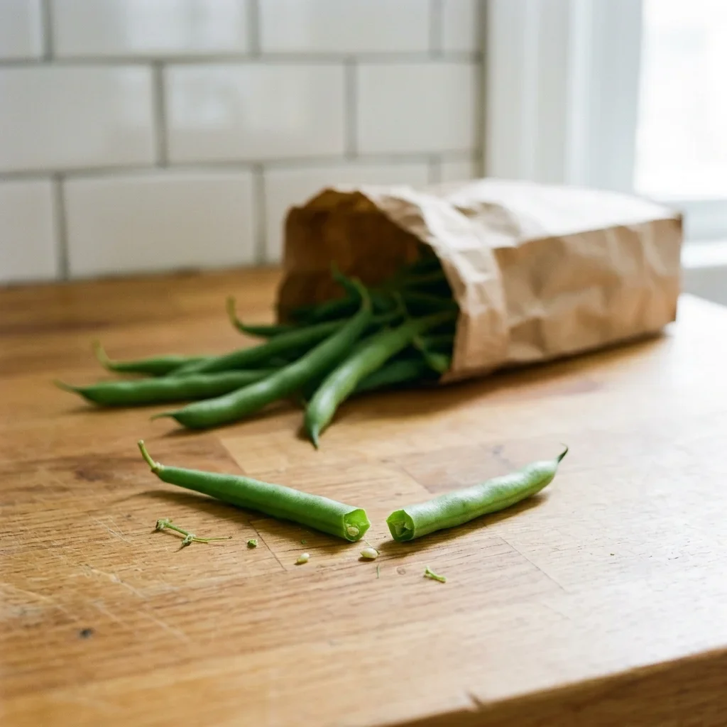 A bright green bean breaking in two with a clean square break and the small pale seeds showing inside