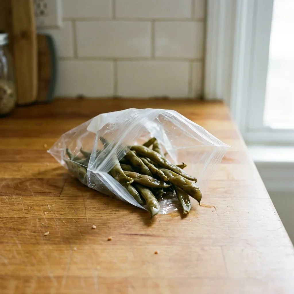 Darkened green beans collapsed together in a bag with a wet sheen across the pods