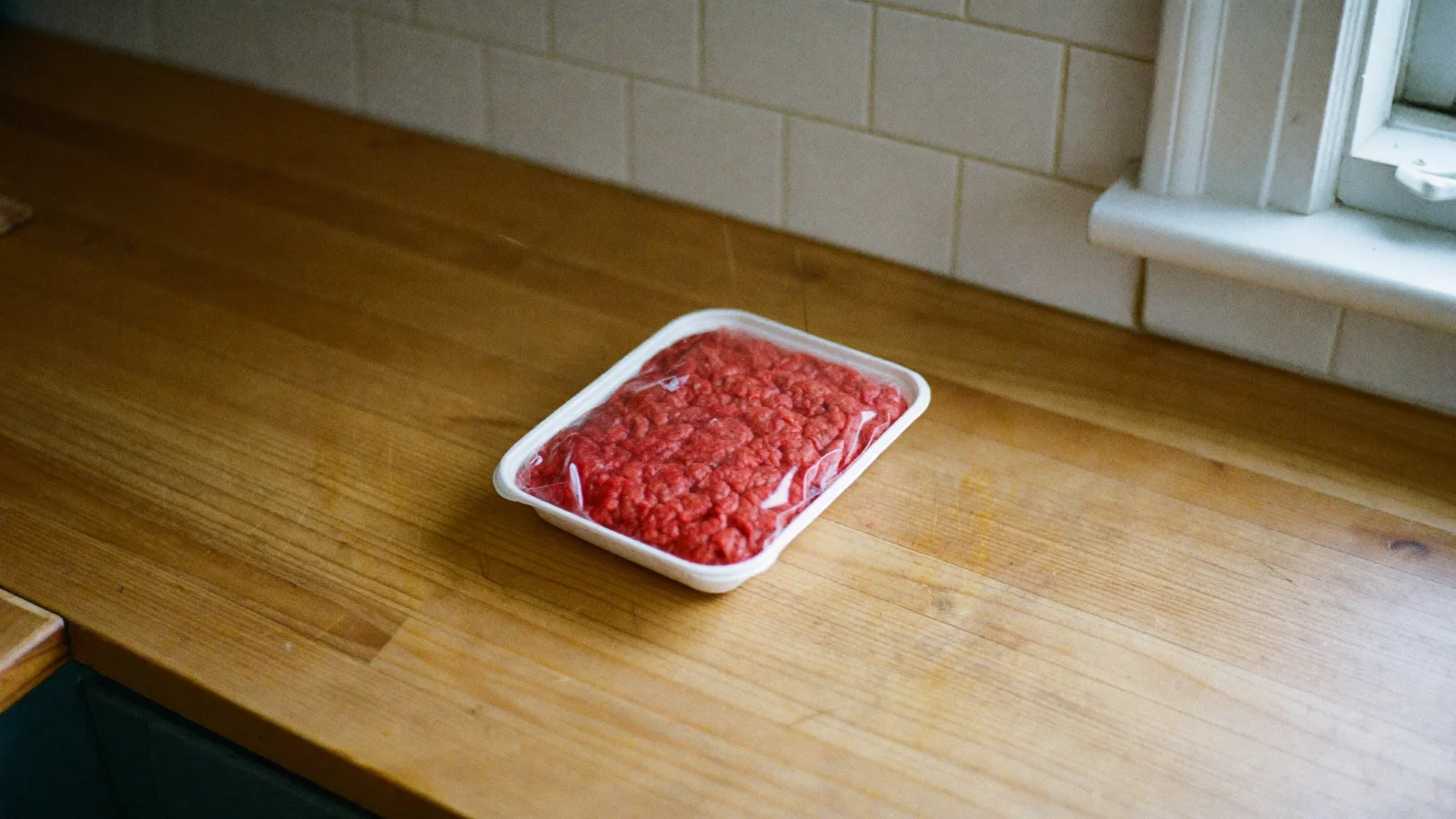 A sealed tray of fresh ground beef on the counter, red on the surface