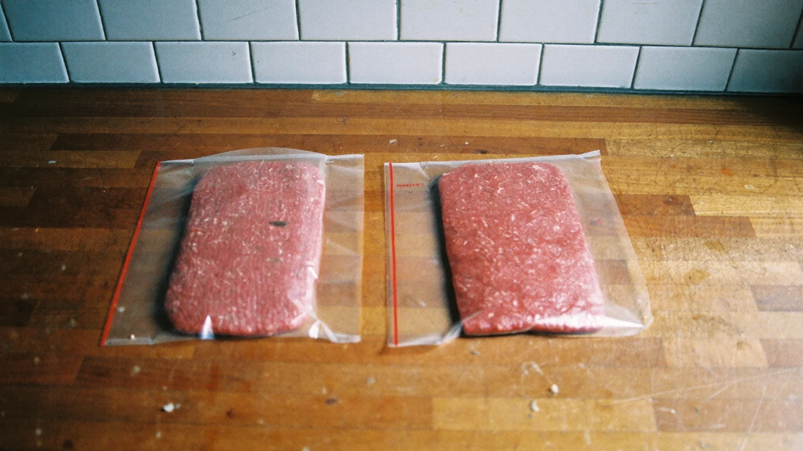 Ground beef pressed flat in a freezer bag ready for the freezer