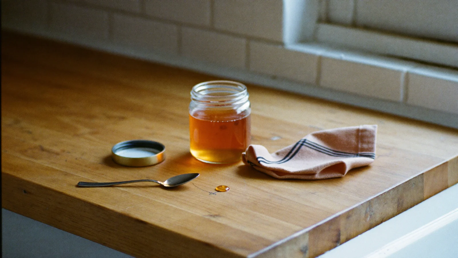 A glass honey jar with its lid off beside a dry spoon on a kitchen counter