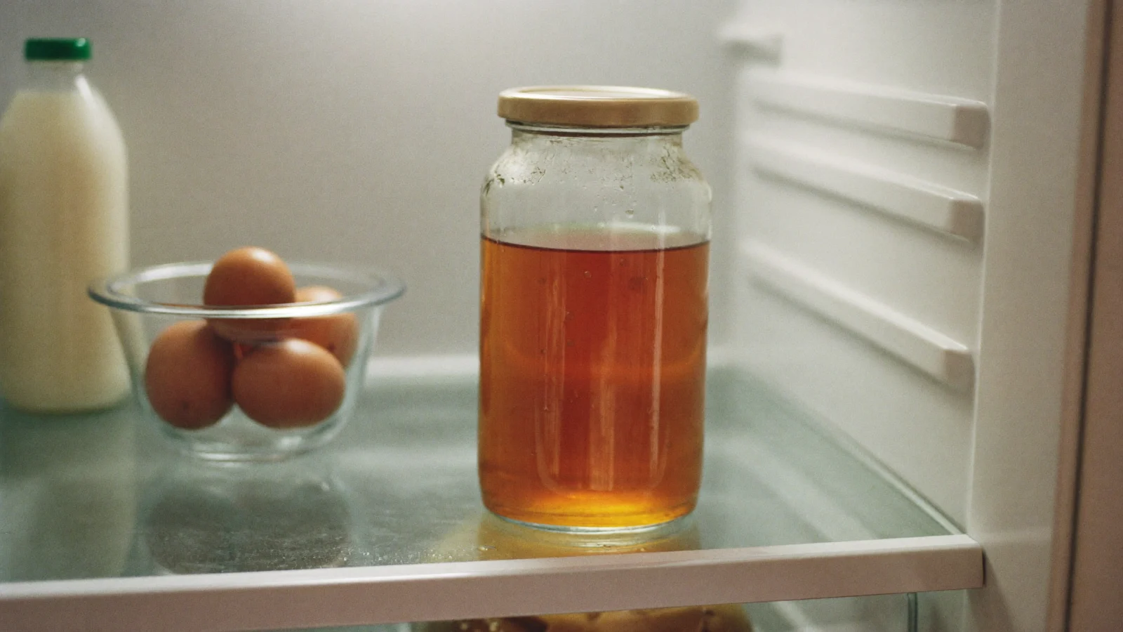 A sealed glass jar of thick, slow honey standing on a cold fridge shelf