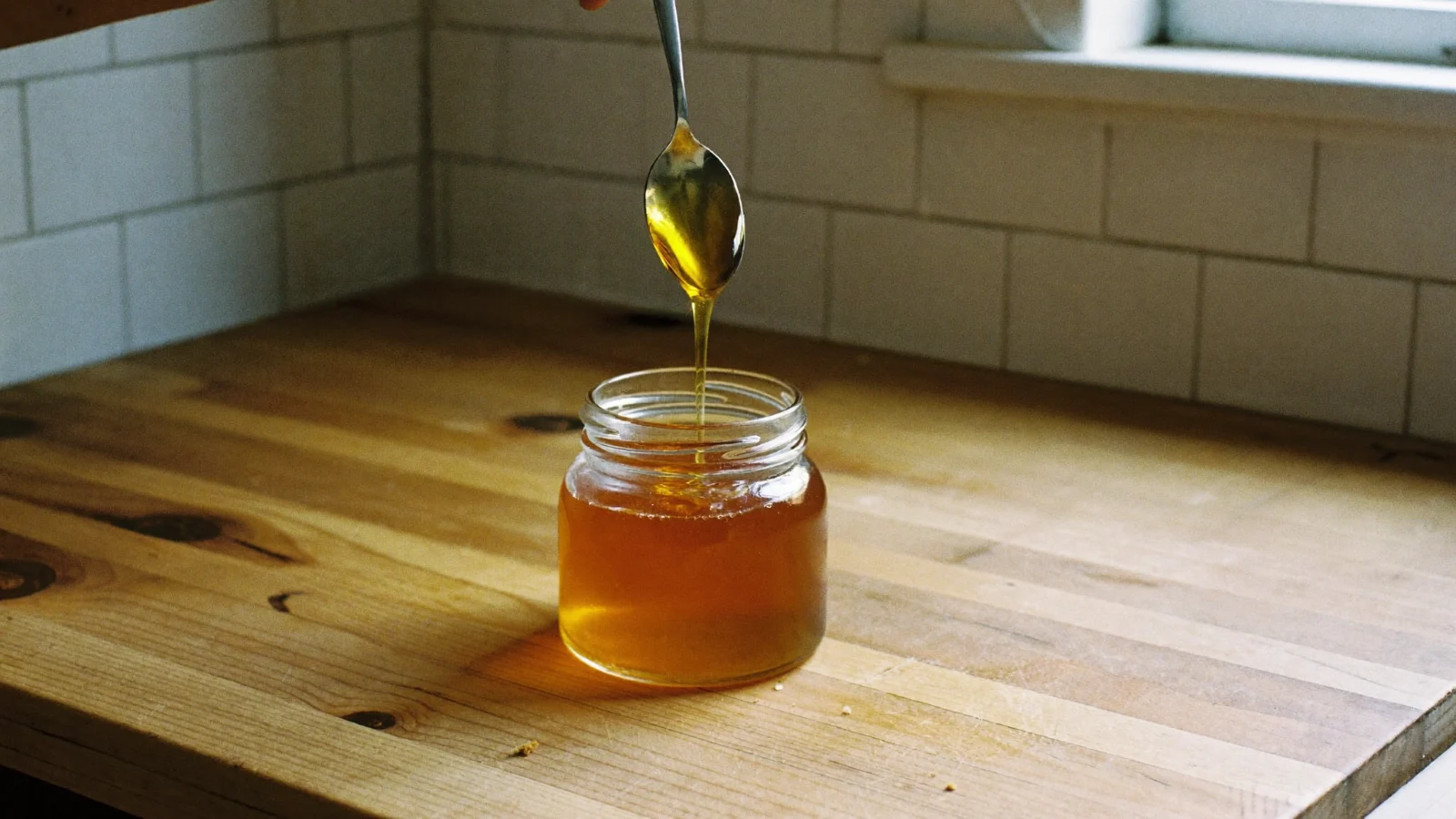 Clear amber honey running off a spoon into an open glass jar