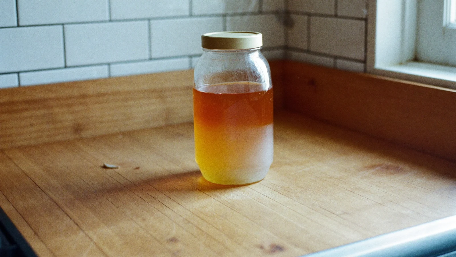 A jar of honey turning faintly hazy near the bottom as crystals begin to form