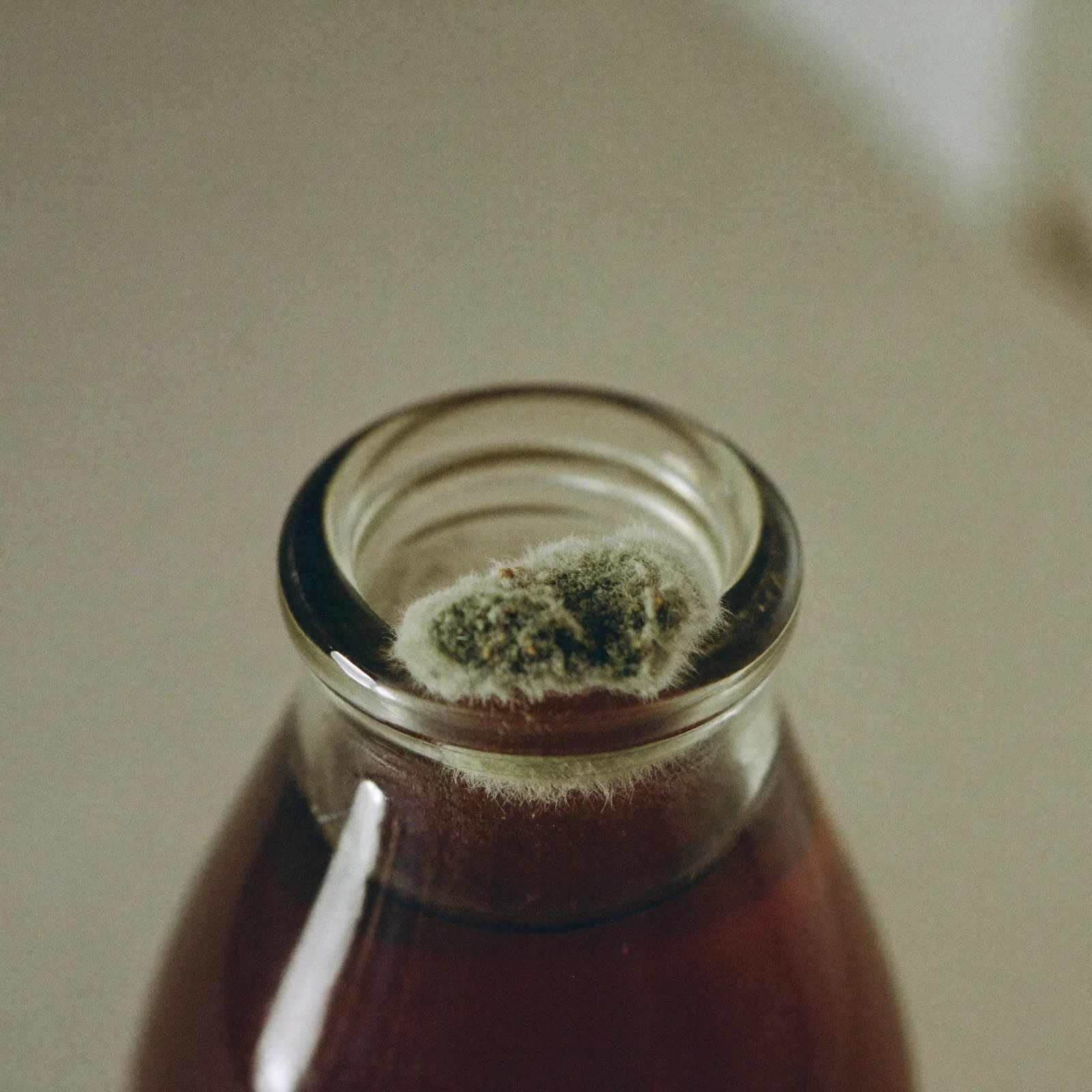 Fuzzy mold in the neck of a bottle of imitation vanilla