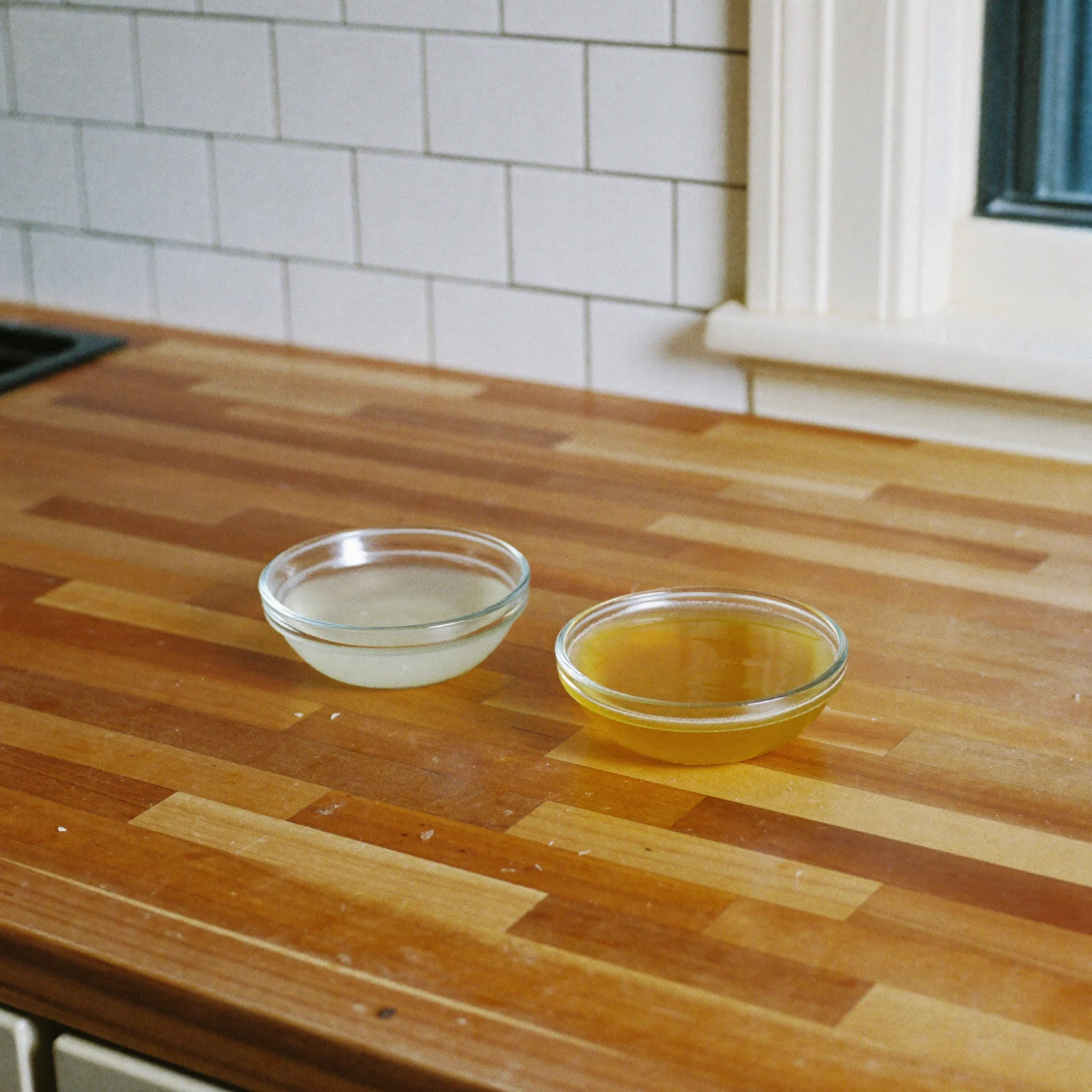 Two small glass dishes of lemon extract compared, one pale yellow and one noticeably darker and hazy