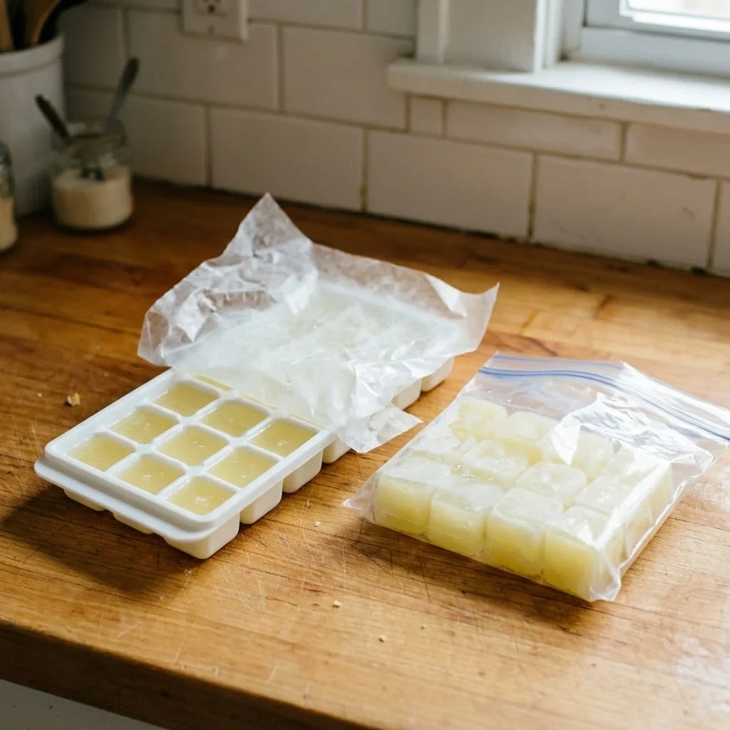 Lemon juice poured into an ice cube tray under wax paper, with a bag of frozen cubes beside it