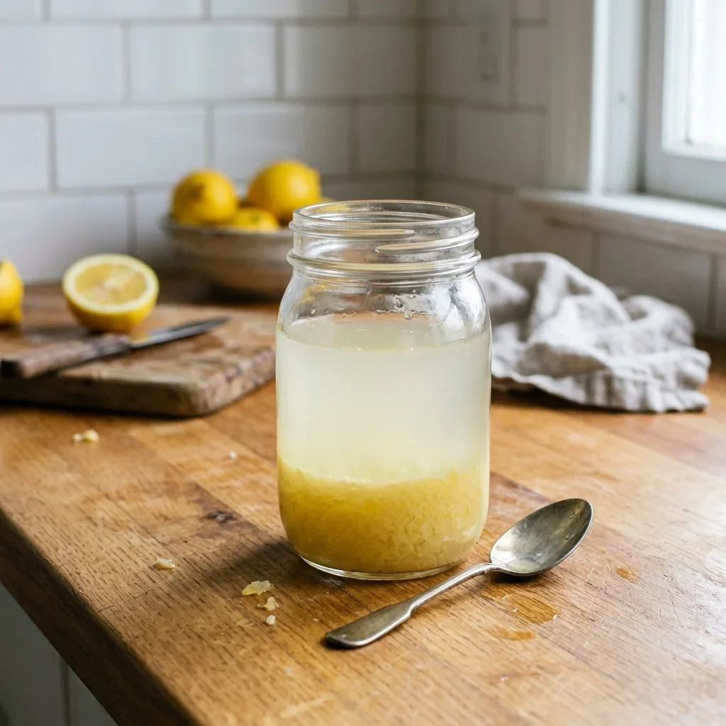 A jar of lemon juice separated into a cloudy top layer and a pulpy bottom layer