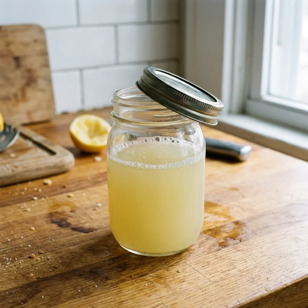 A ring of fine bubbles around the surface of a jar of fermenting lemon juice with its lid tilted off