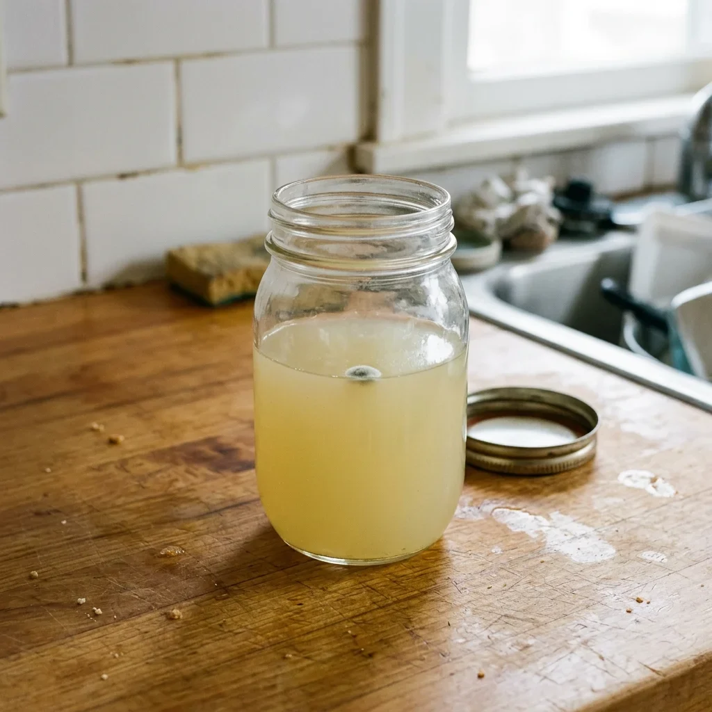 A small grey spot of mold floating in a jar of lemon juice