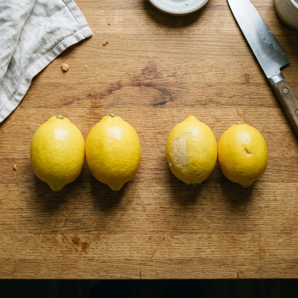 Four lemons in a row, two smooth and glossy and two with a graze and a shallow nick in the rind.