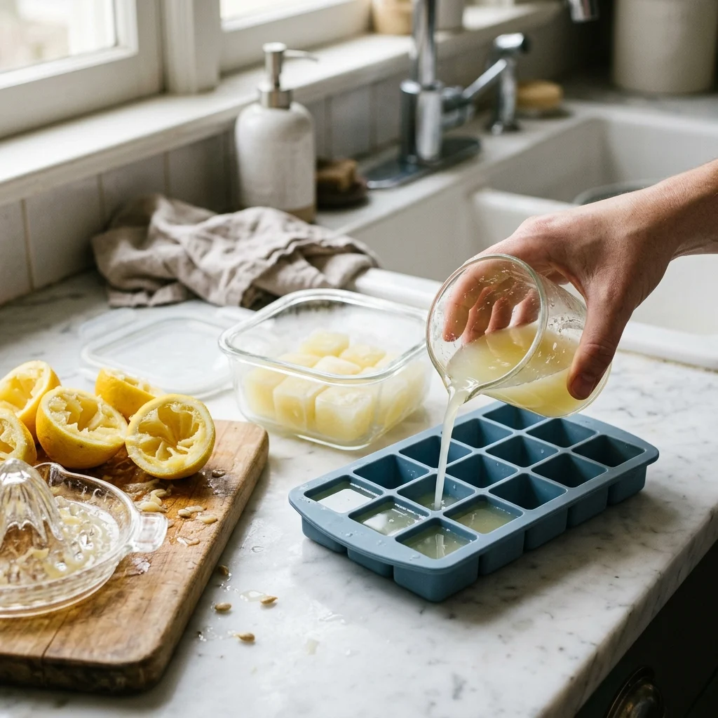 Lemon juice poured into an ice cube tray beside halved lemons and a plain freezer container.