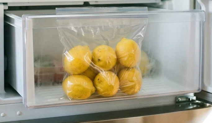 Lemons sealed in a plain bag in a crisper drawer, the way to store lemons so they last weeks.