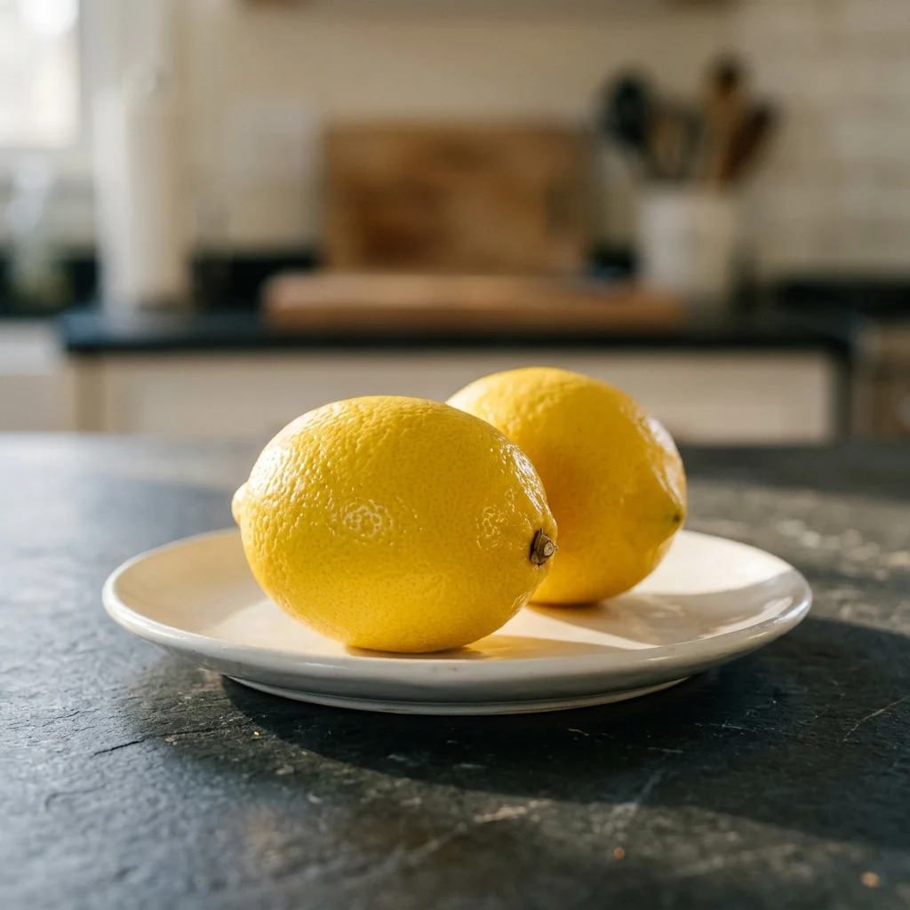 Two firm, bright yellow lemons with smooth glossy skin on a plain plate.