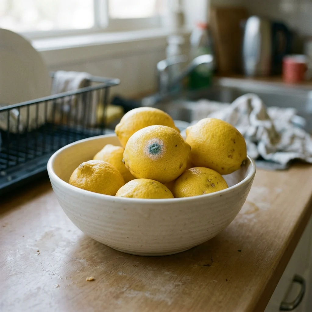 A bowl of lemons where one carries a small patch of white mold turning blue-green on its rind.
