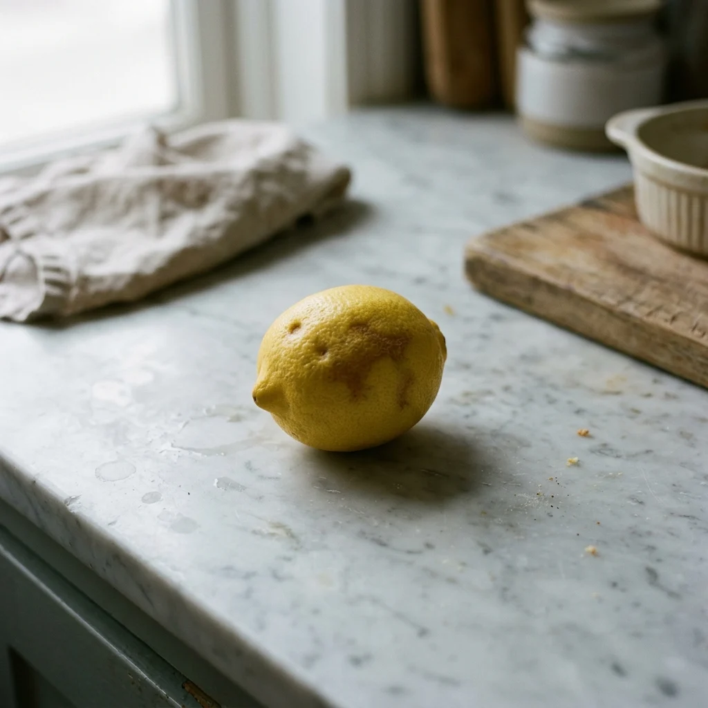 A lemon with shallow dimples and a faint brown stain across one side of the rind.
