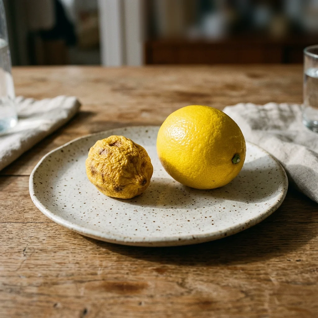 A shrunken lemon with leathery, wrinkled skin next to a plump one for comparison.