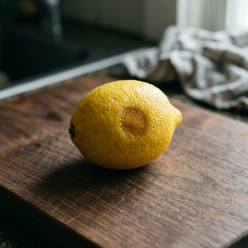 A lemon with one small, darker, water-soaked patch on the rind and no fuzz yet.