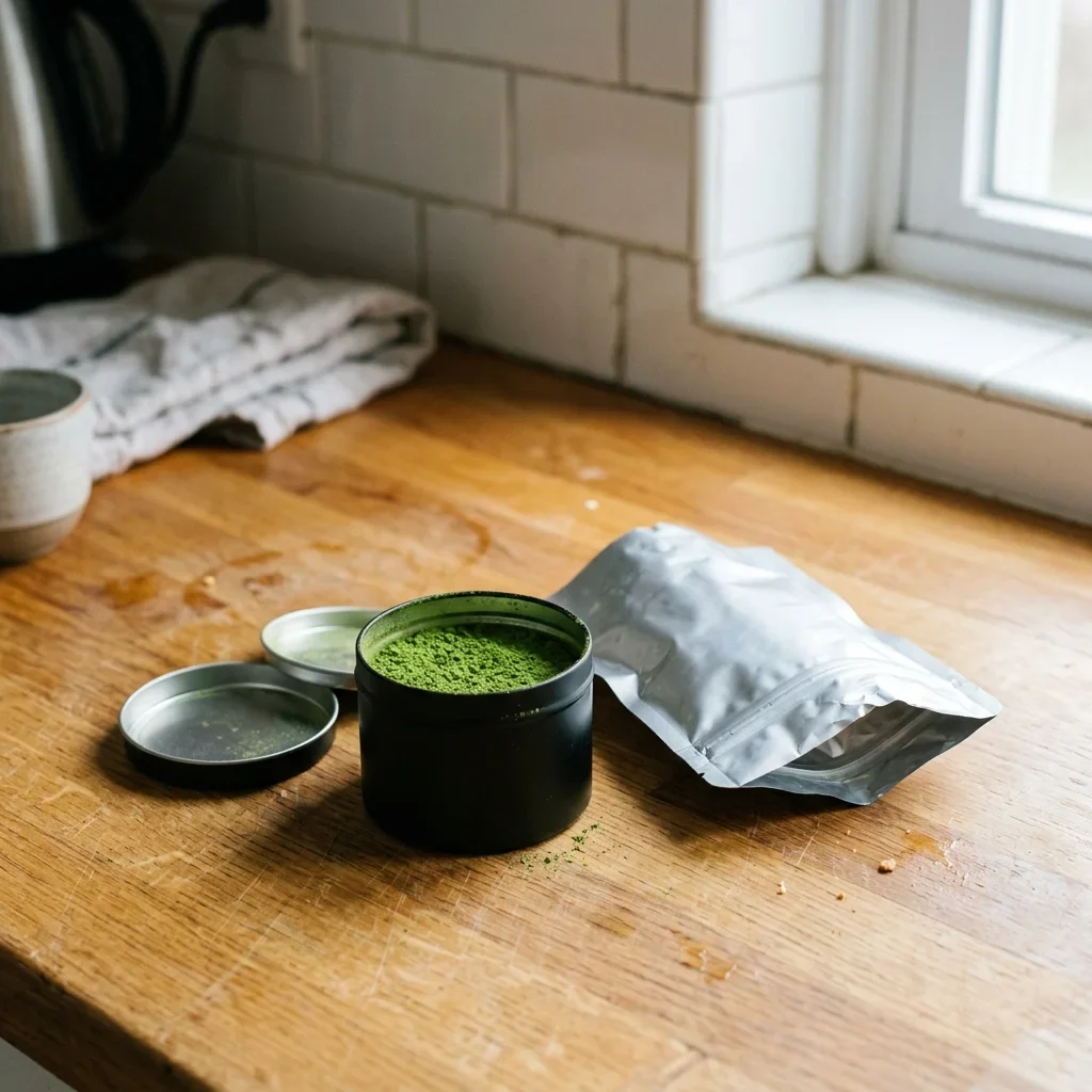 An open tin of bright green matcha powder next to its resealable pouch