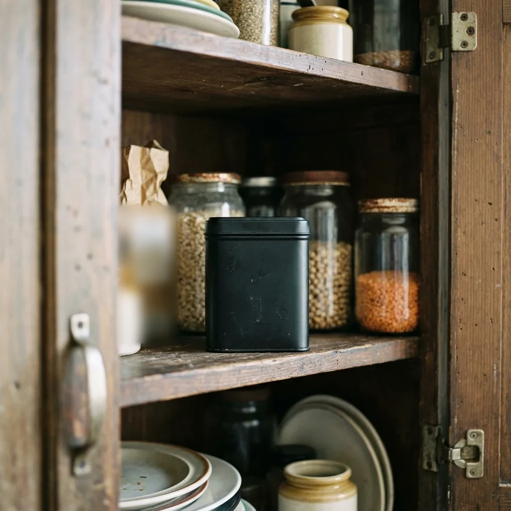 How to store matcha powder: a closed airtight tin in a dark kitchen cupboard