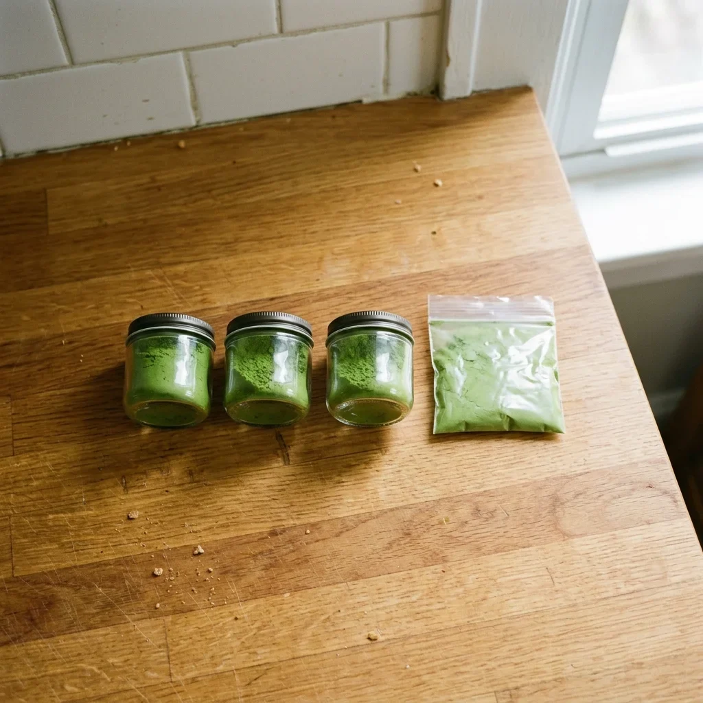 Matcha powder divided into three small sealed jars and a zip bag for the freezer