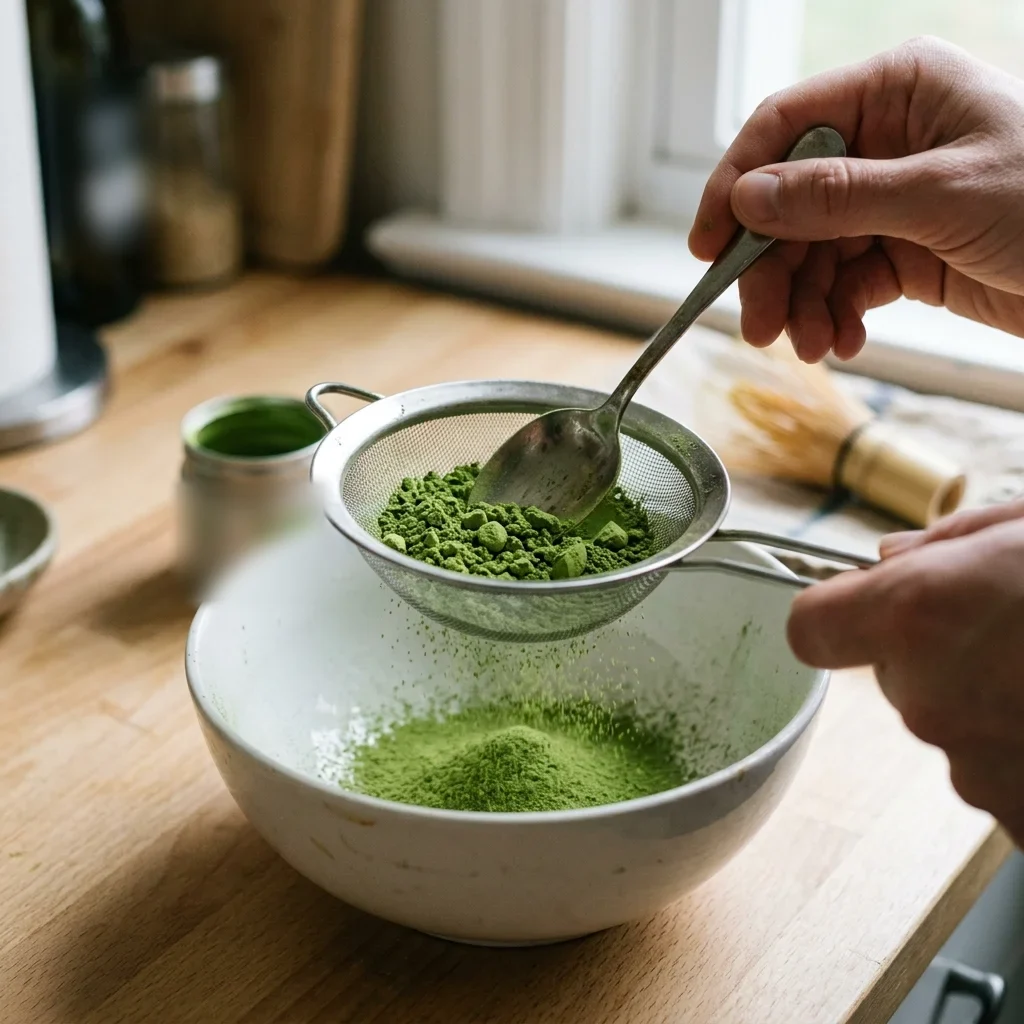 Sifting lumpy matcha powder through a fine strainer into a bowl