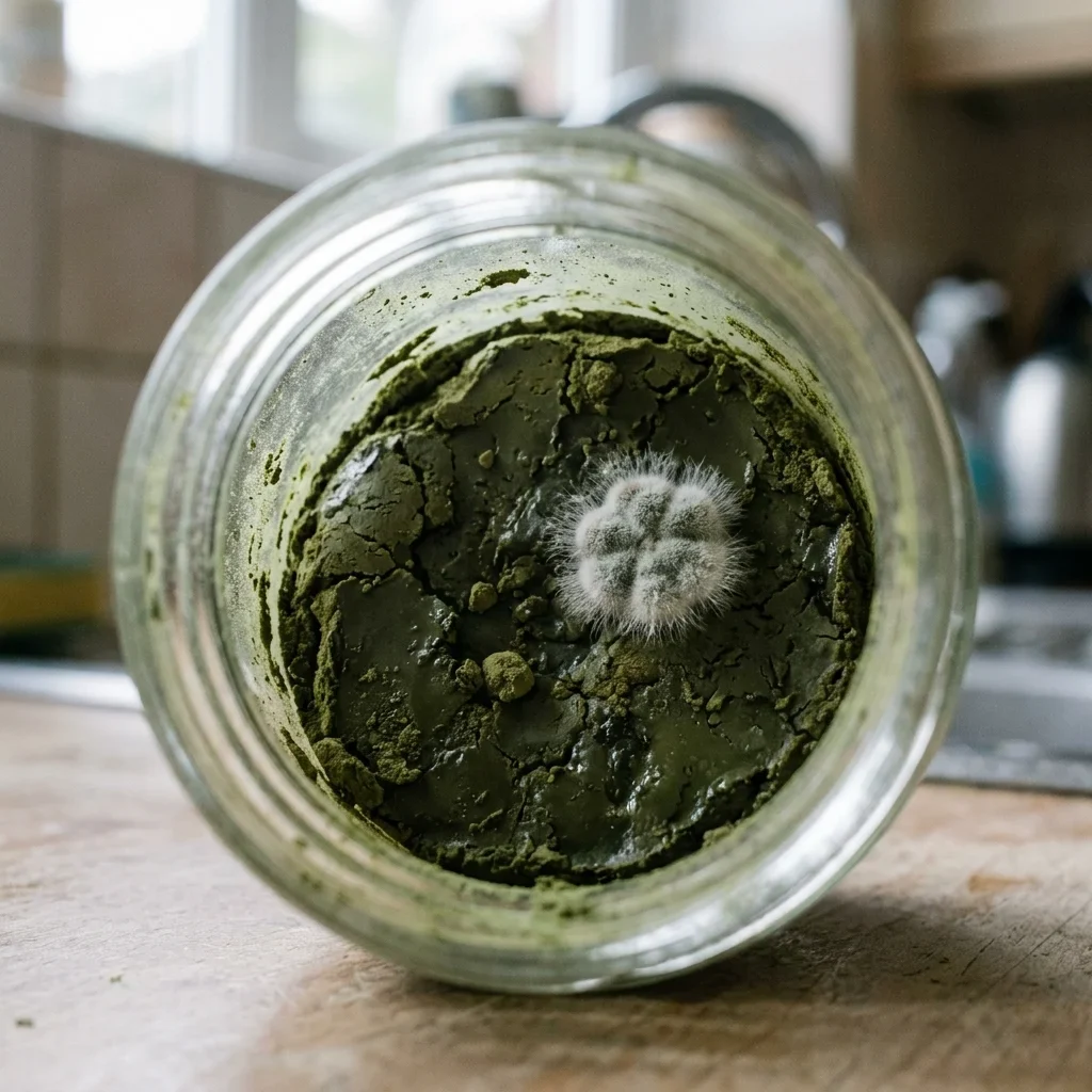 Damp, caked matcha powder with a spot of fuzzy mold in a glass jar
