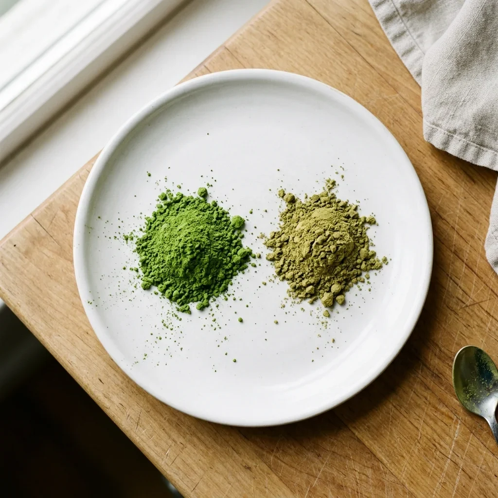 Faded, olive-green matcha powder beside fresher bright green matcha