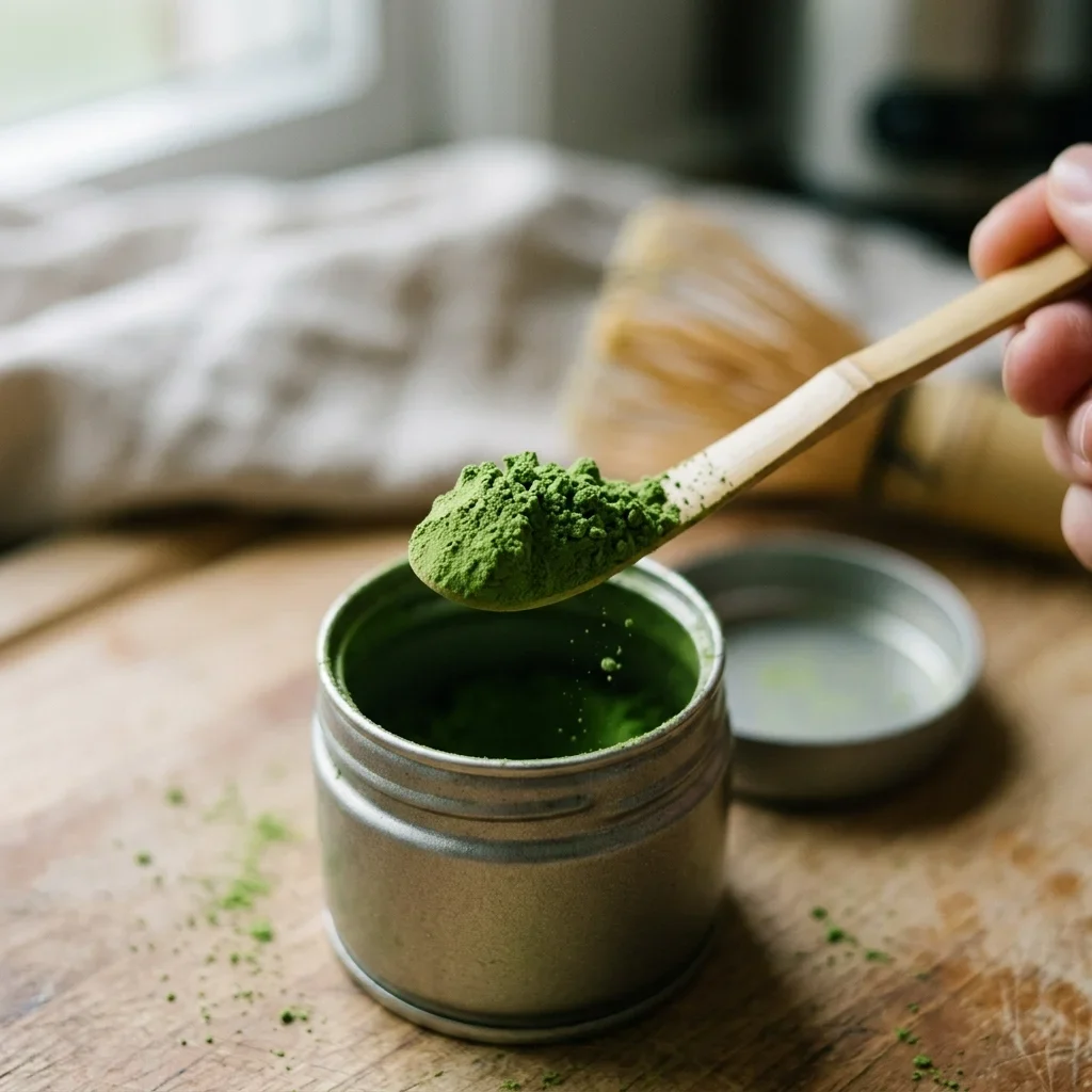 A bamboo scoop of vivid green matcha powder over an open tin