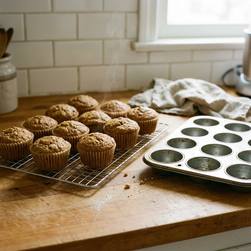 Freshly baked muffins cooling on a wire rack before they are stored