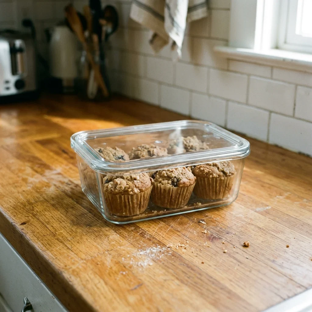 How to store muffins: cooled muffins in a closed airtight container on the counter