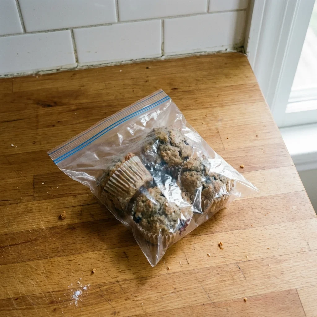 Cooled muffins sealed in a zip-top freezer bag