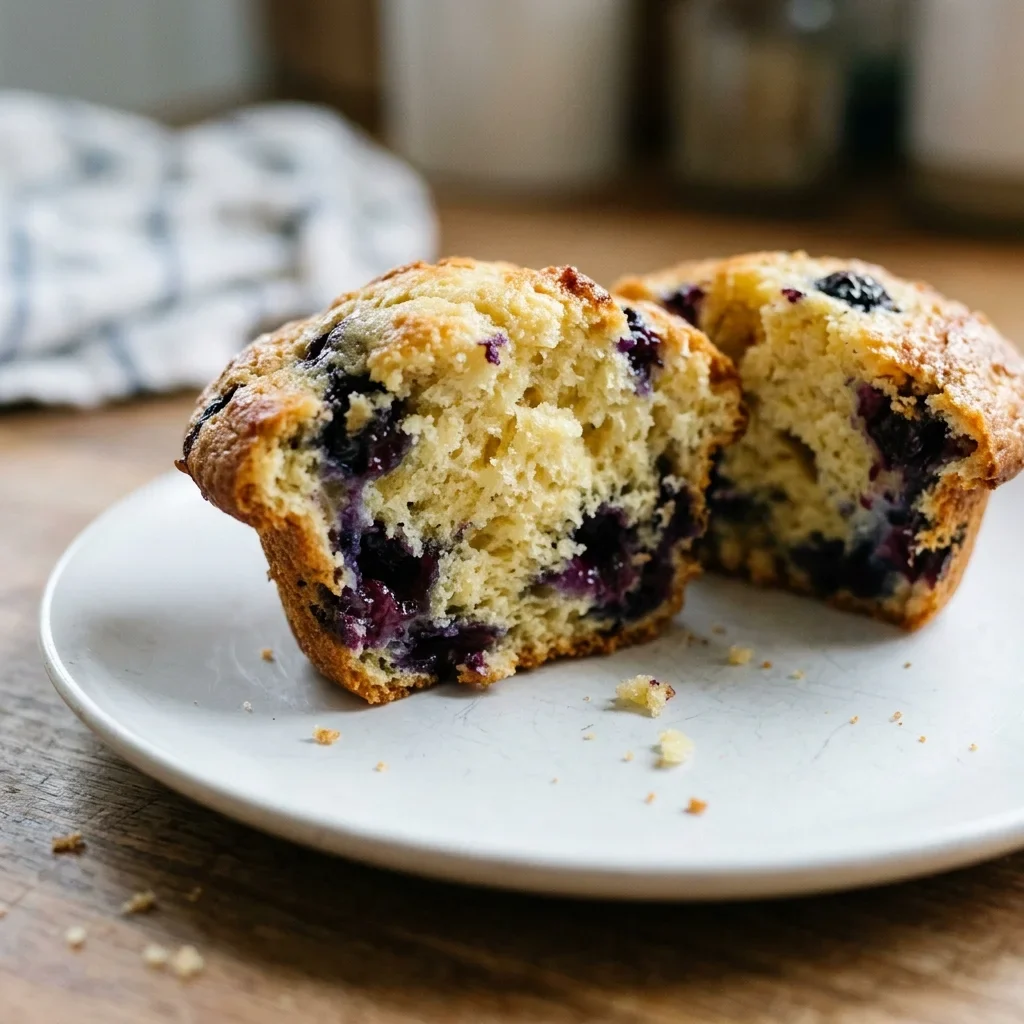 A fresh muffin split open to show a soft, moist crumb