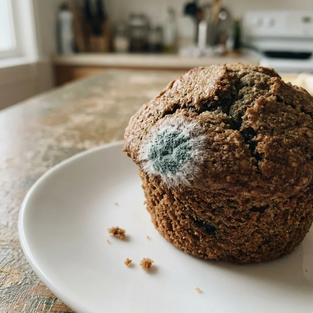 Fuzzy mold spots on the top of a muffin