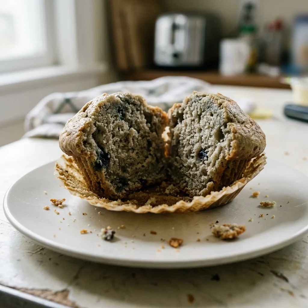 An old muffin broken open to show a dull, greyish crumb that has started to spoil