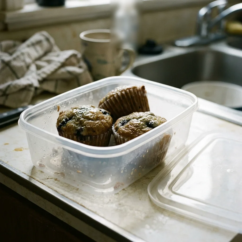 Muffins with damp, sticky tops after being covered while warm