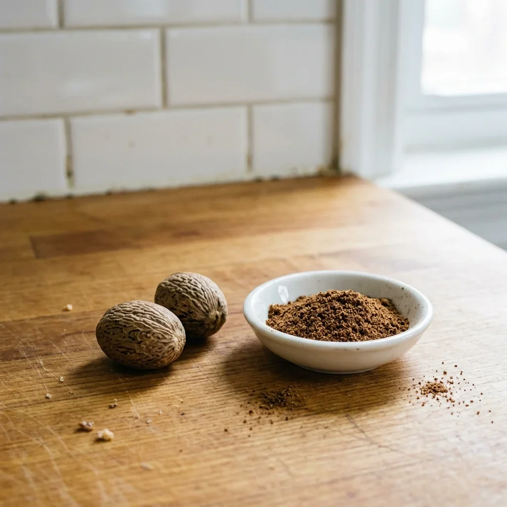Two whole nutmegs beside a small dish of ground nutmeg on a kitchen counter
