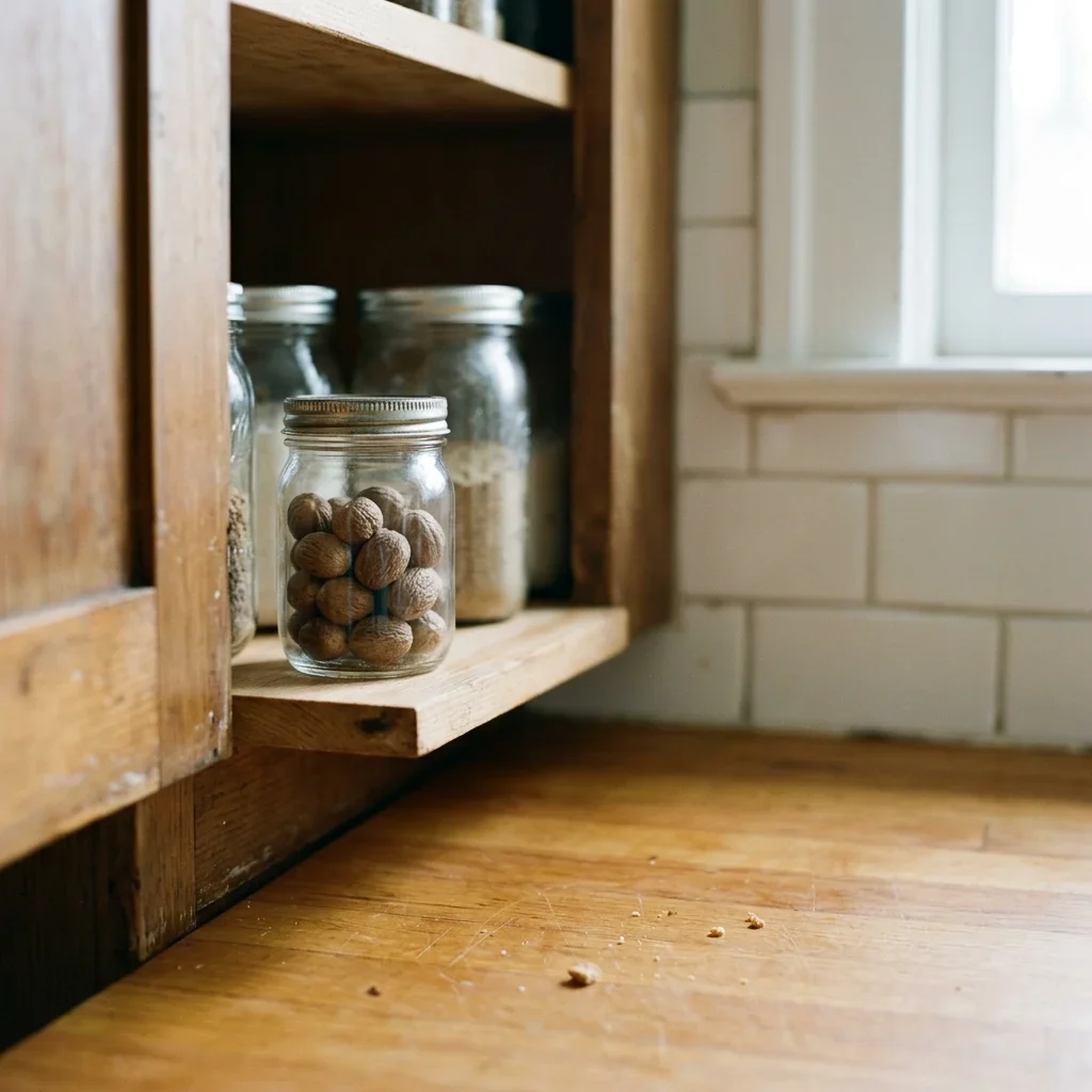How to store nutmeg: a small sealed glass jar of whole nutmegs on a dark cupboard shelf away from the stove