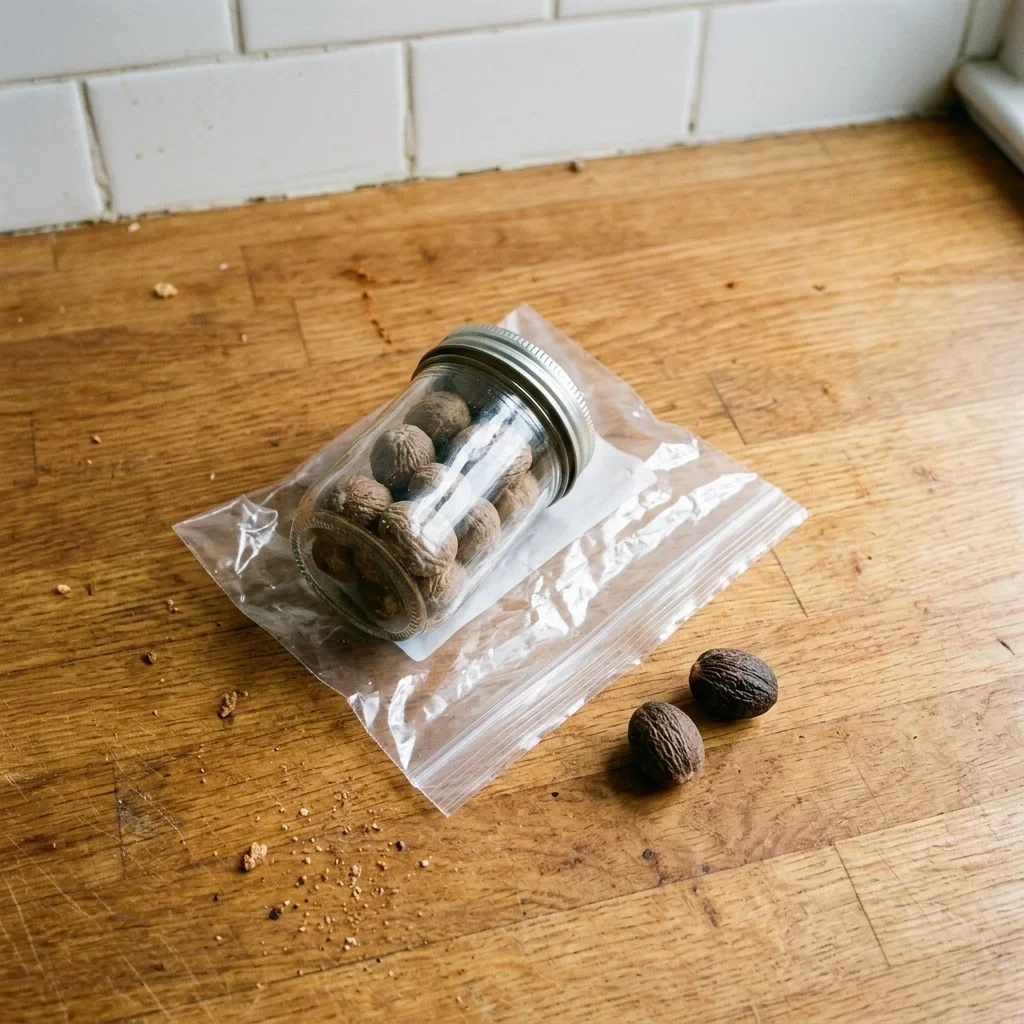 A small jar of whole nutmegs sealed inside a plain freezer bag with the air pressed out