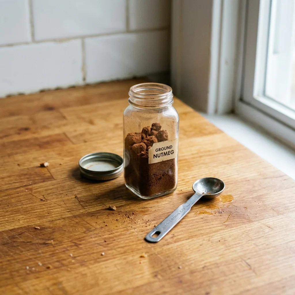 Ground nutmeg stuck together in small hard lumps inside an open jar with a damp spoon beside it
