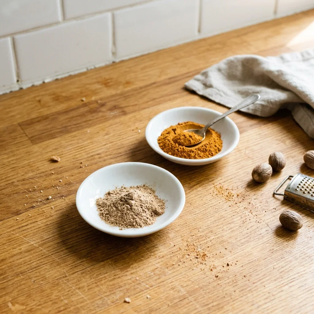 A dish of ground nutmeg that has gone pale brown beside a brighter spoonful for comparison