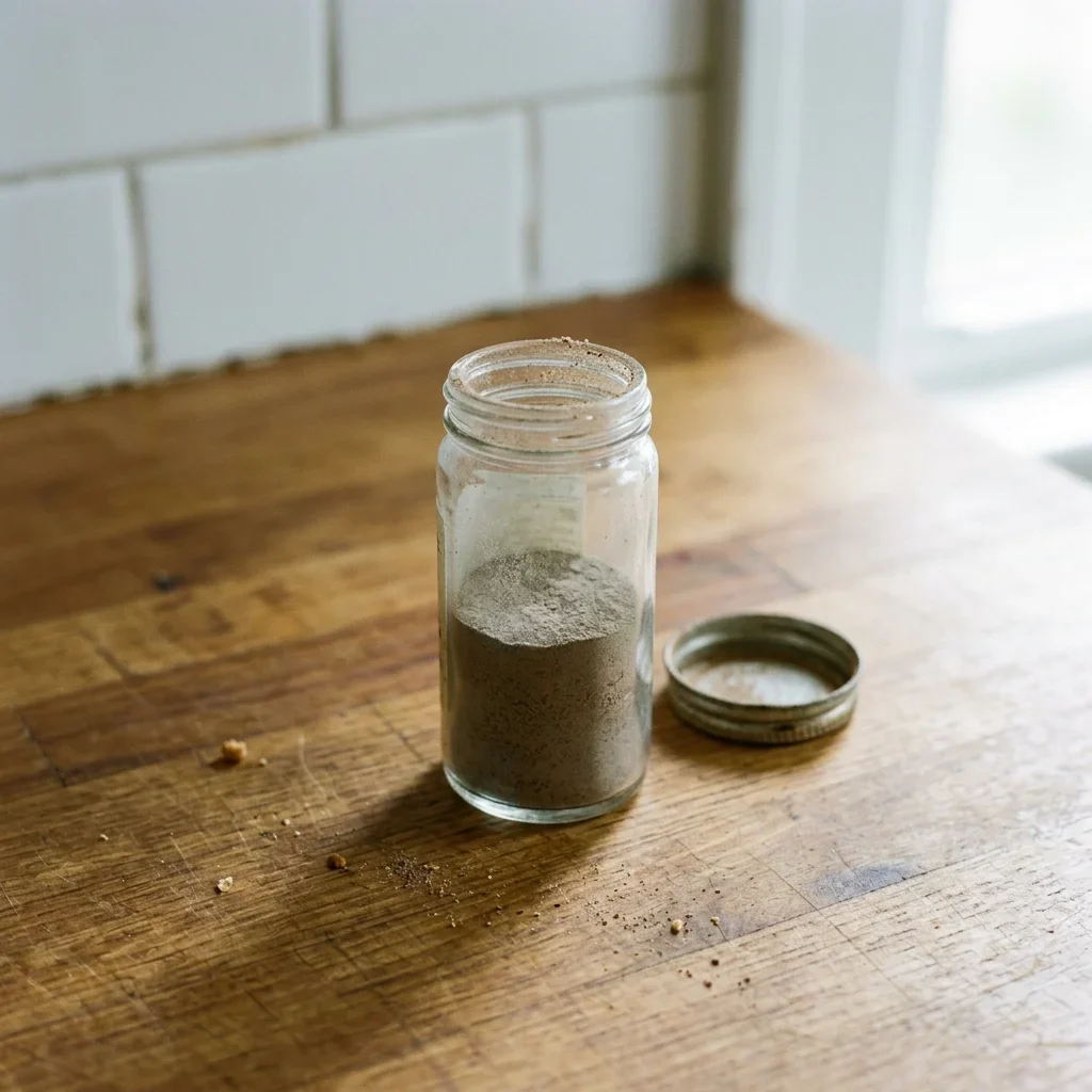 Dull greyish-brown ground nutmeg in an open jar with a thin dusty film on the surface