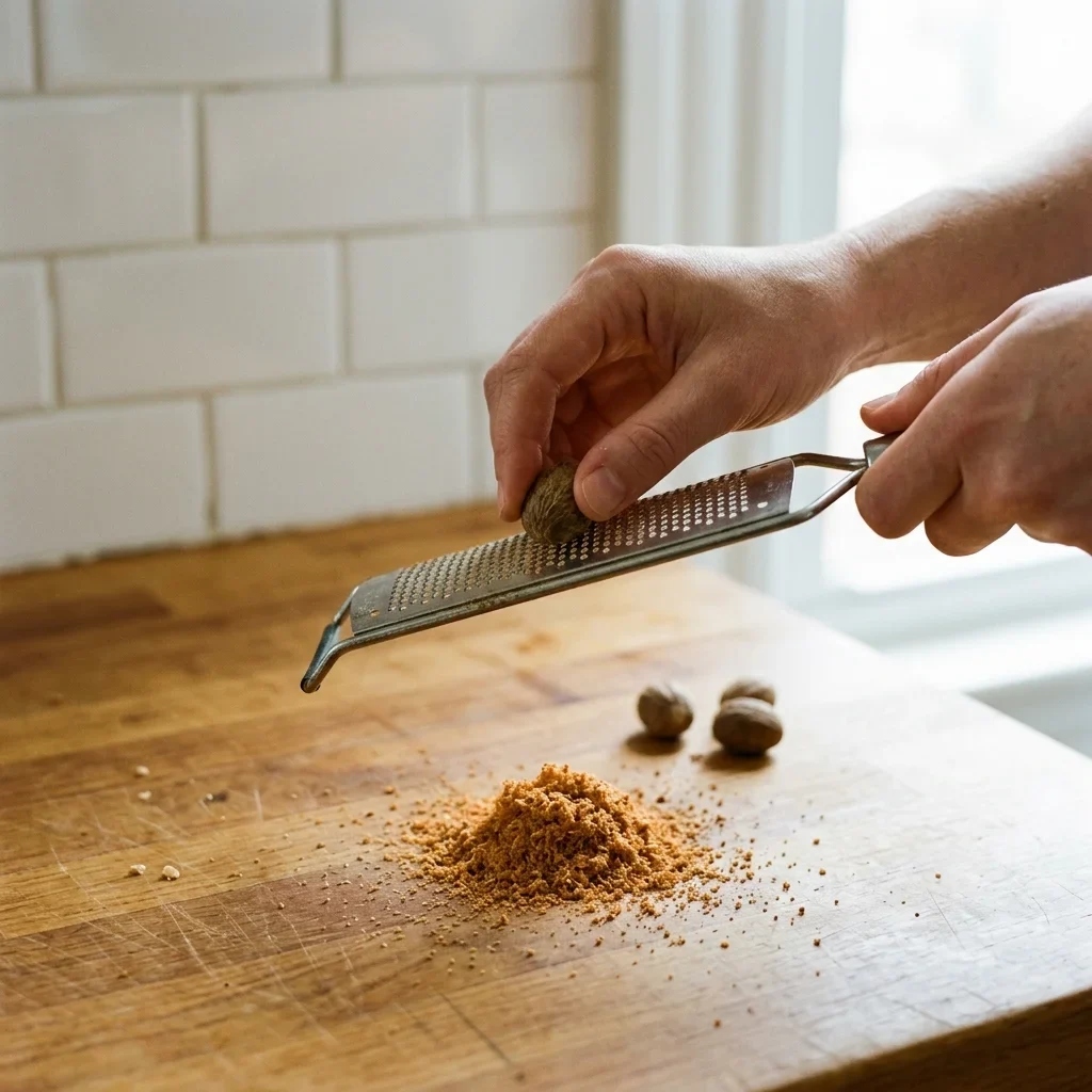 A whole nutmeg held against a fine grater with a small mound of fresh orange-brown gratings below it