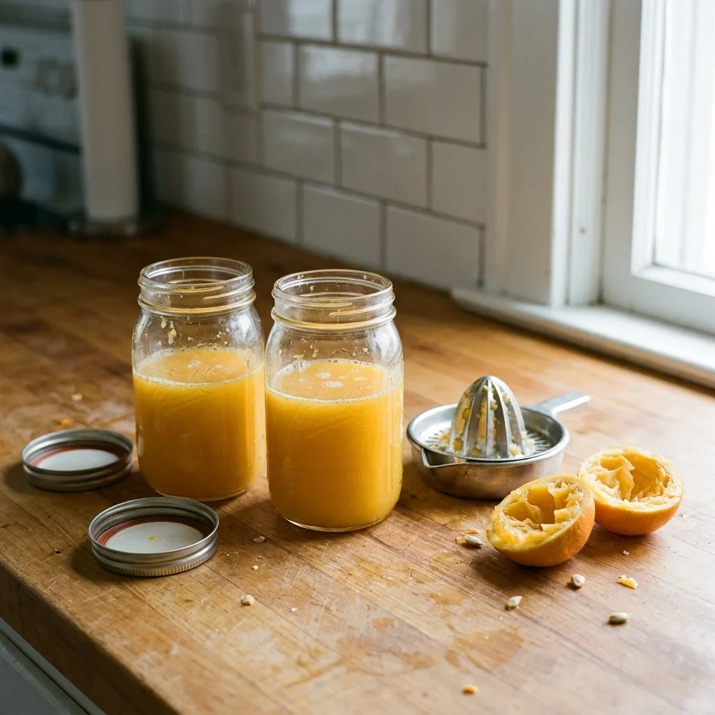 Two canning jars of fresh orange juice with headspace at the top, their lids beside them and a citrus juicer
