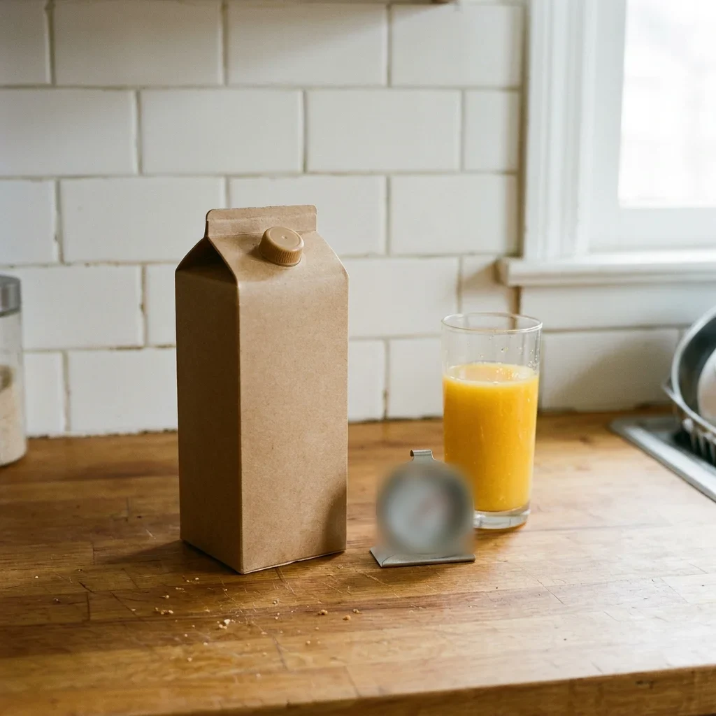 How to store orange juice: a capped carton of orange juice beside a fridge thermometer and a full glass